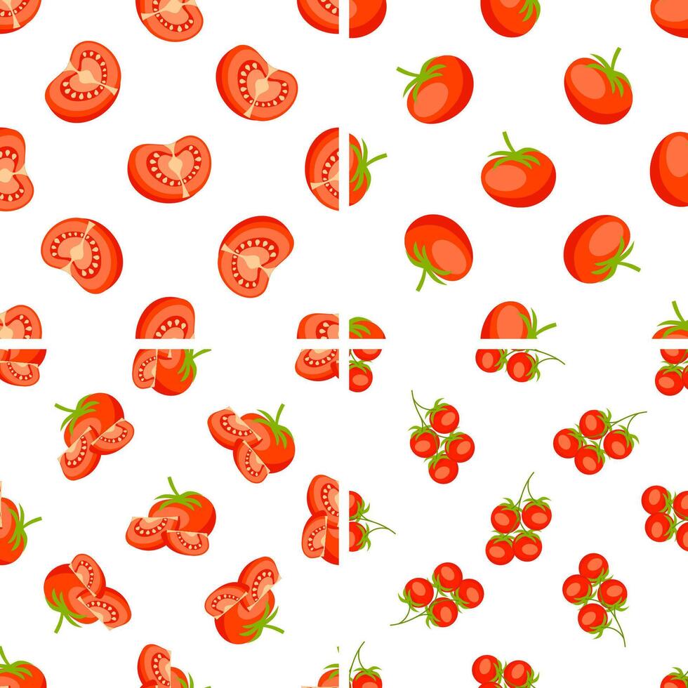 Seamless pattern with ripe red tomatoes, halves and slices of tomatoes and cherry tomatoes on the vine on white background vector