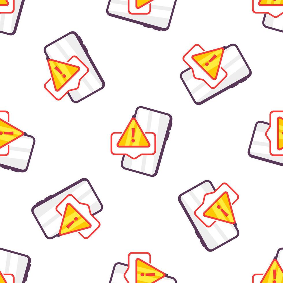 Smartphone displaying warning notification in seamless pattern vector