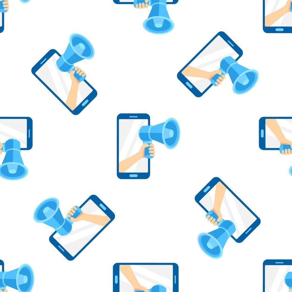 Hand holding megaphone appearing from smartphone screen promoting advertising campaign vector