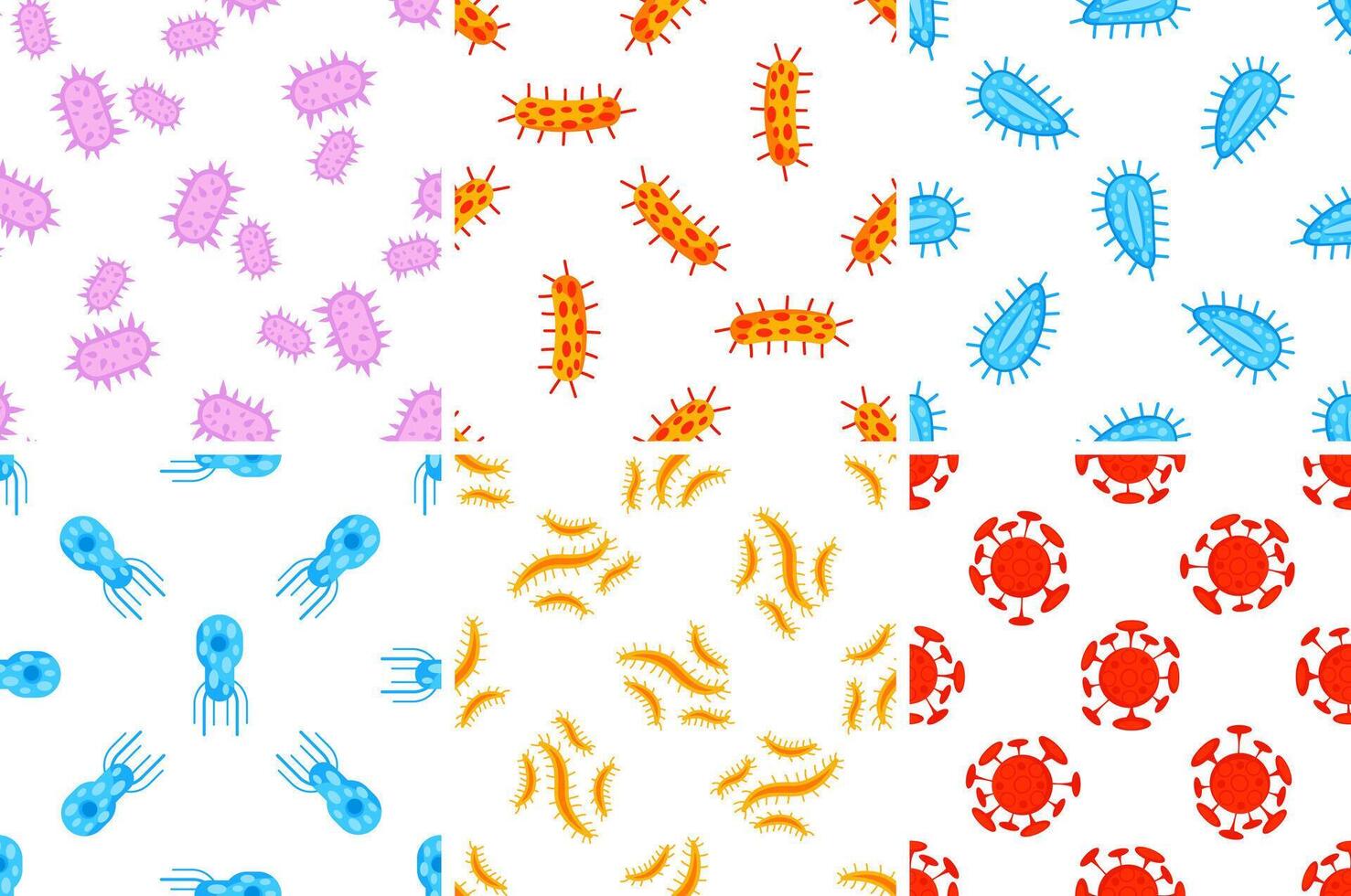 Seamless patterns with colorful cartoon viruses and bacteria floating on white background vector