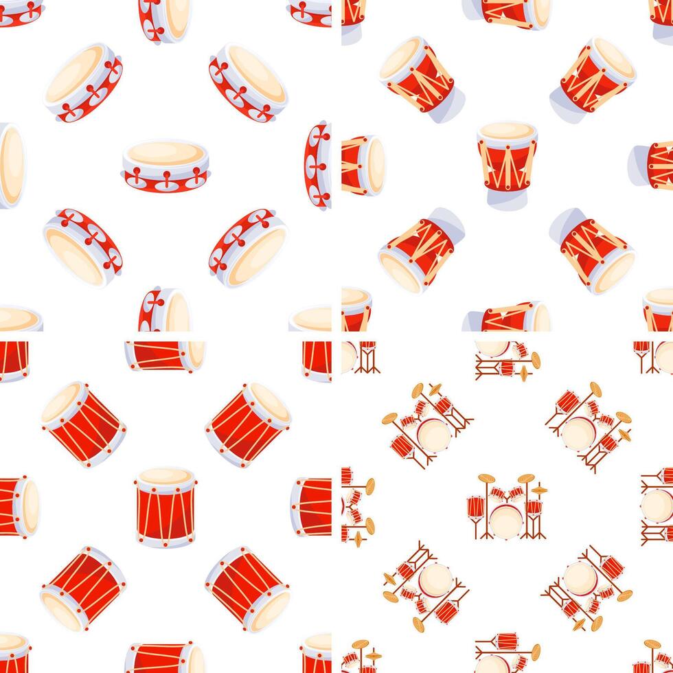 Set of seamless patterns with red drums, tom toms and drum kits, repeating percussion instruments on white background vector