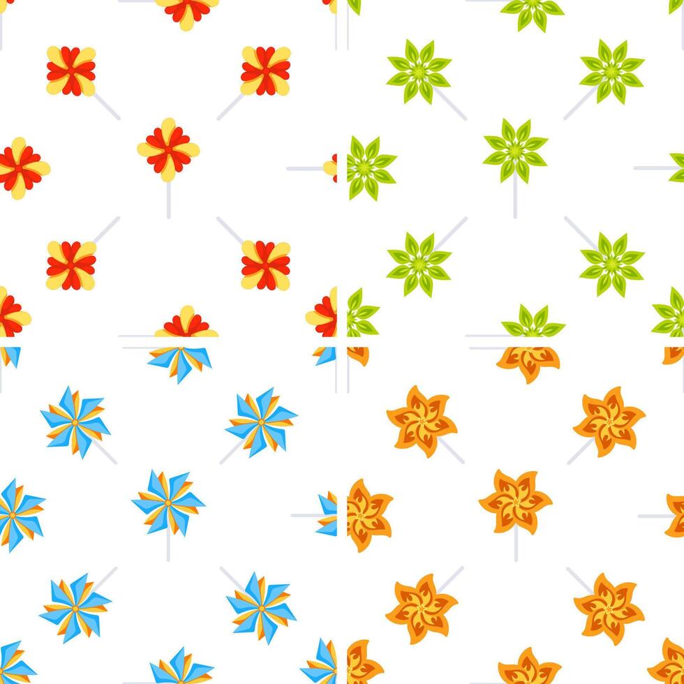 Colorful pinwheels and flowers seamless pattern collection on white background vector