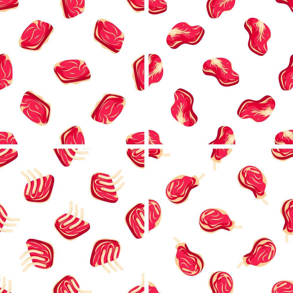 Seamless pattern showing various cuts of lamb and beef, celebrating meat and butchery vector