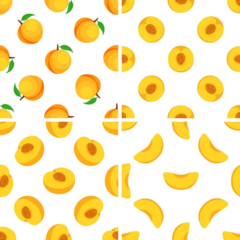 Seamless pattern with whole, halved and sliced peaches showing the pit and leaves vector