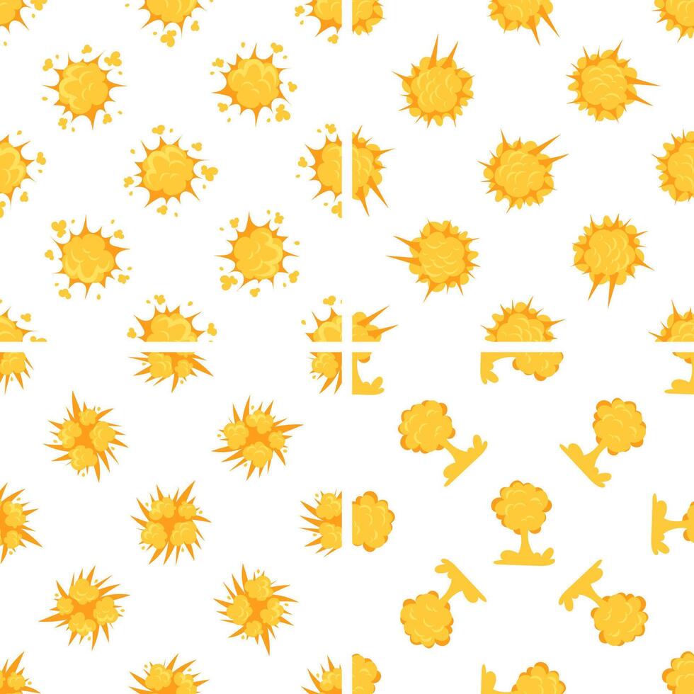 Seamless pattern of explosions exploding with yellow smoke clouds and fire flames vector