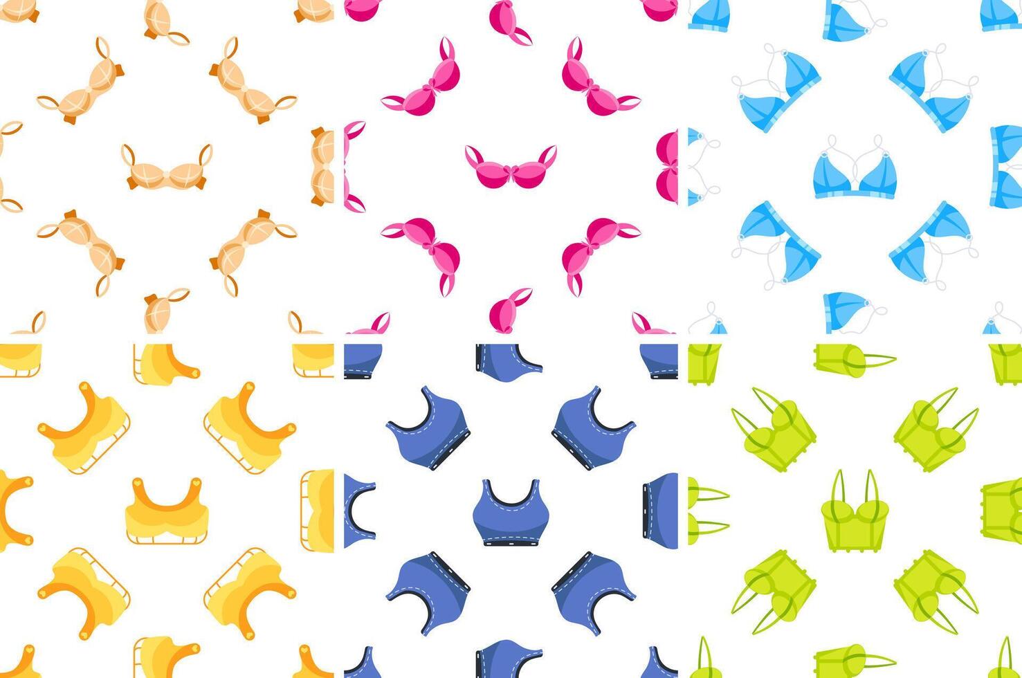 Colorful bras and tops seamless patterns, repeating colorful underwear design vector