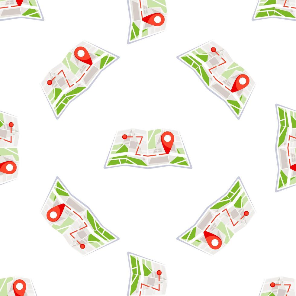 Folded Paper City Map Showing Route and Destination with Location Pin Seamless Pattern vector