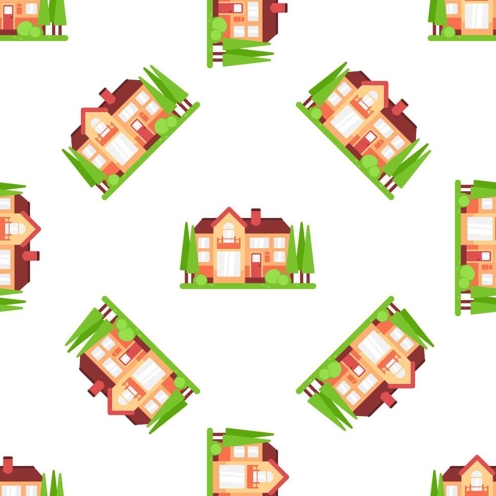 Seamless pattern of a cozy suburban house with garden and trees, creating a charming neighborhood vibe vector