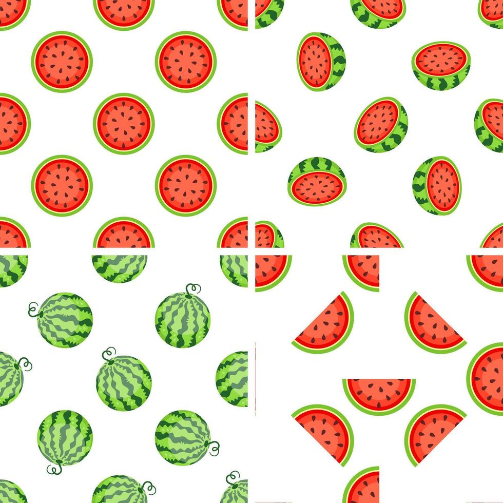 Four summer seamless patterns with whole, sliced and halved watermelons on white background vector