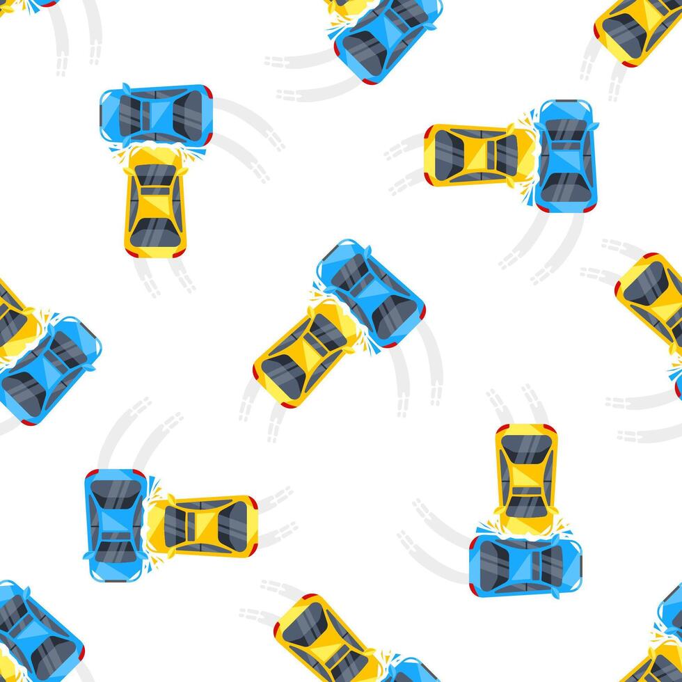 Seamless pattern of car crash accident on white background, top view vector