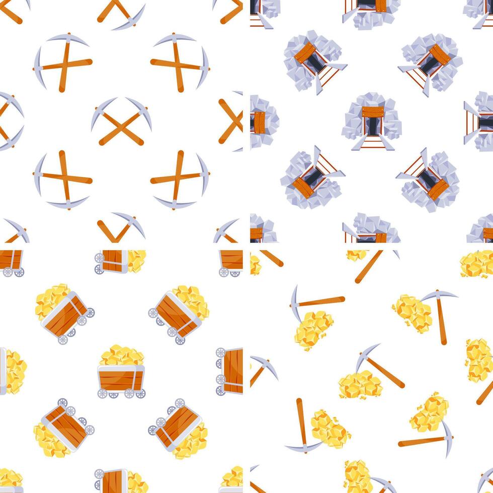 Mining industry seamless pattern with mining carts, pickaxe and mine entrance vector
