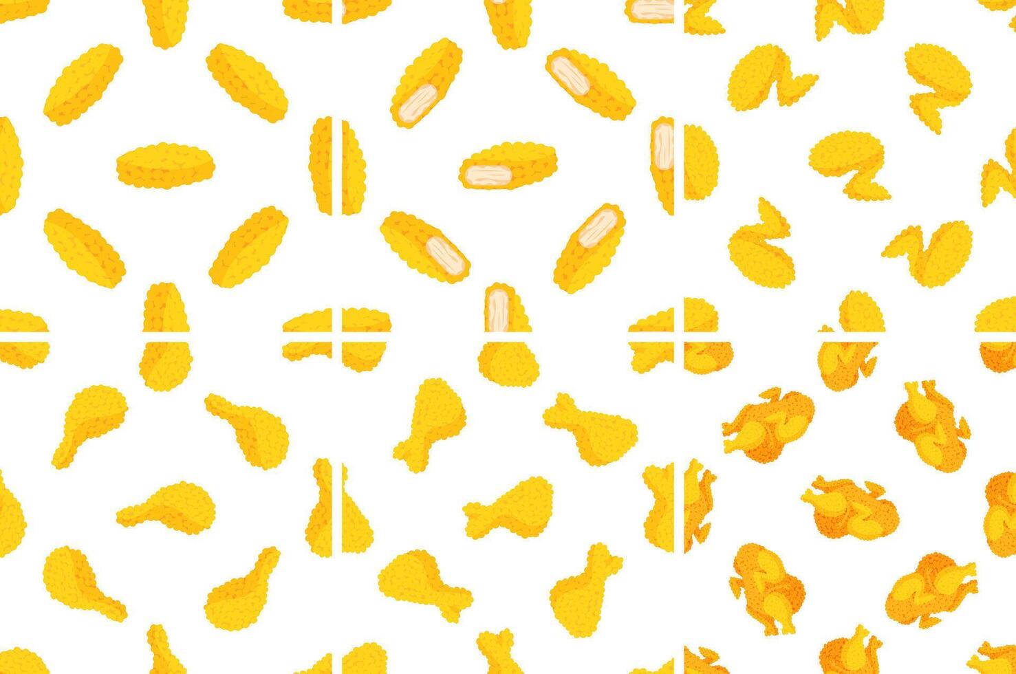 Seamless pattern with crispy fried chicken nuggets, wings, legs and breasts on white background vector