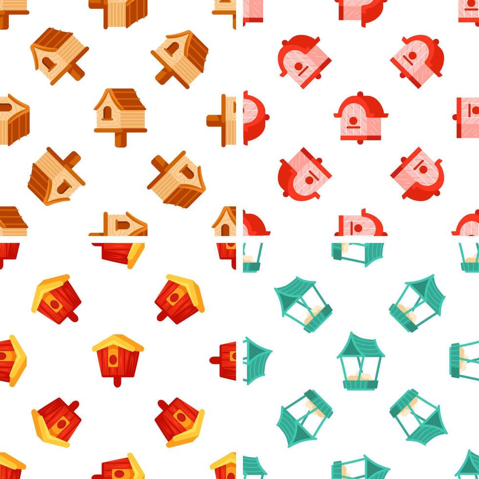 Four seamless patterns featuring charming birdhouses, creating a delightful backdrop for bird related projects vector