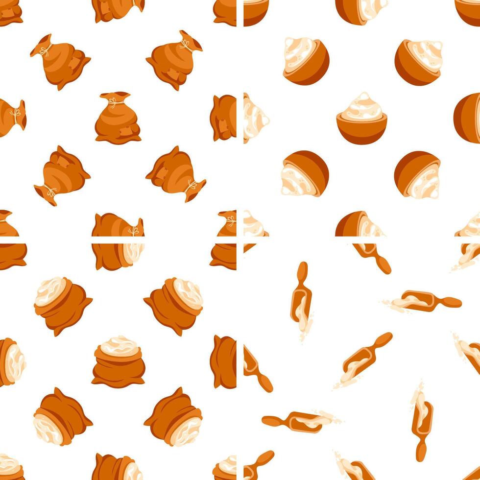 Seamless patterns representing bags and wooden scoops containing flour or white powder vector