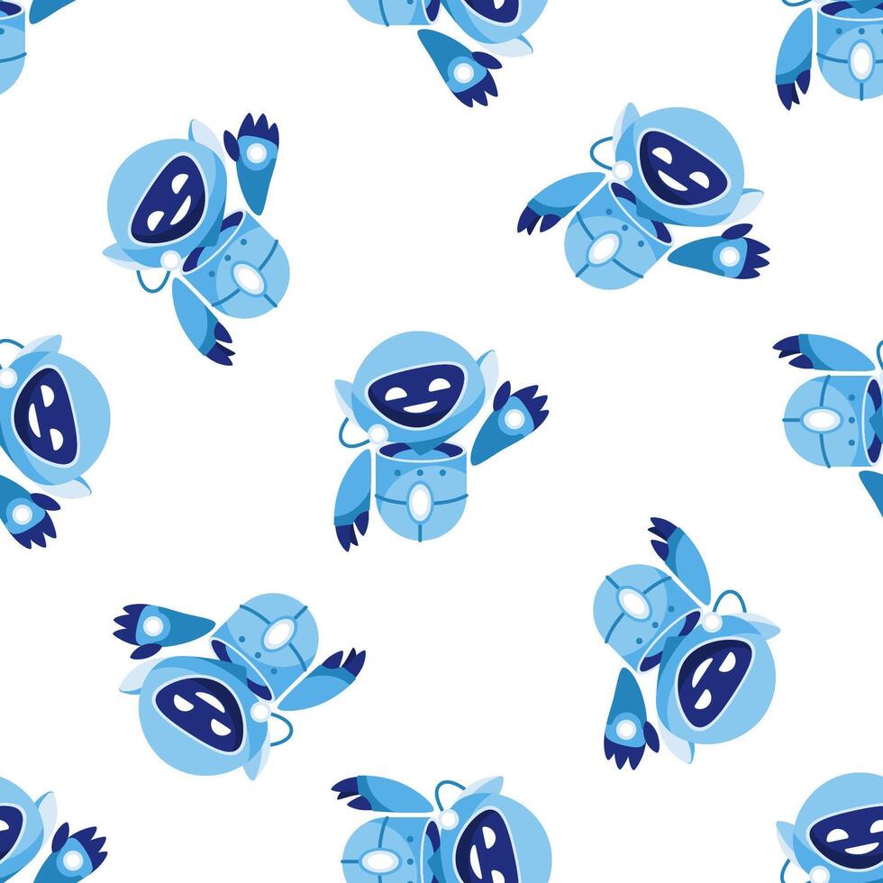 Cute blue robots waving seamless pattern on white background vector