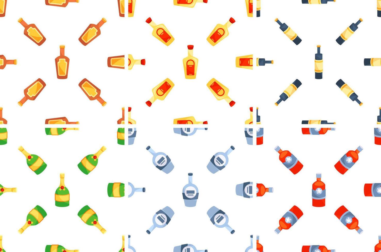 Colorful bottles of alcoholic beverages forming a seamless pattern on white background vector