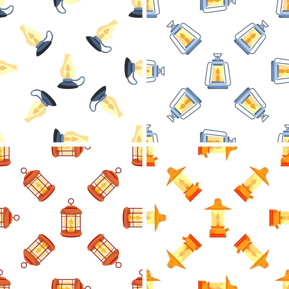 Seamless pattern with colorful camping oil lamps illuminating the darkness vector