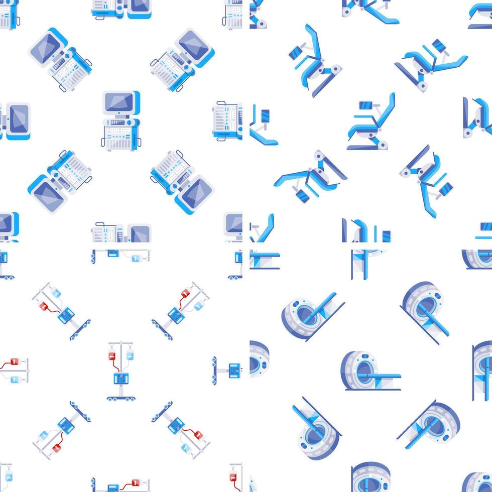 Medical equipment creating a seamless pattern, featuring ultrasound, mri, ct scan, and iv drip vector