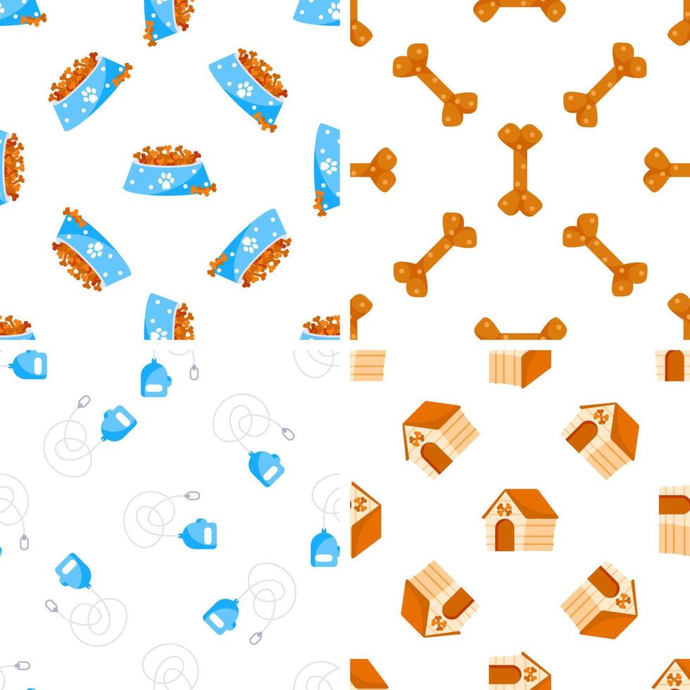 Seamless patterns with pet food, bones, retractable leashes and wooden dog houses vector