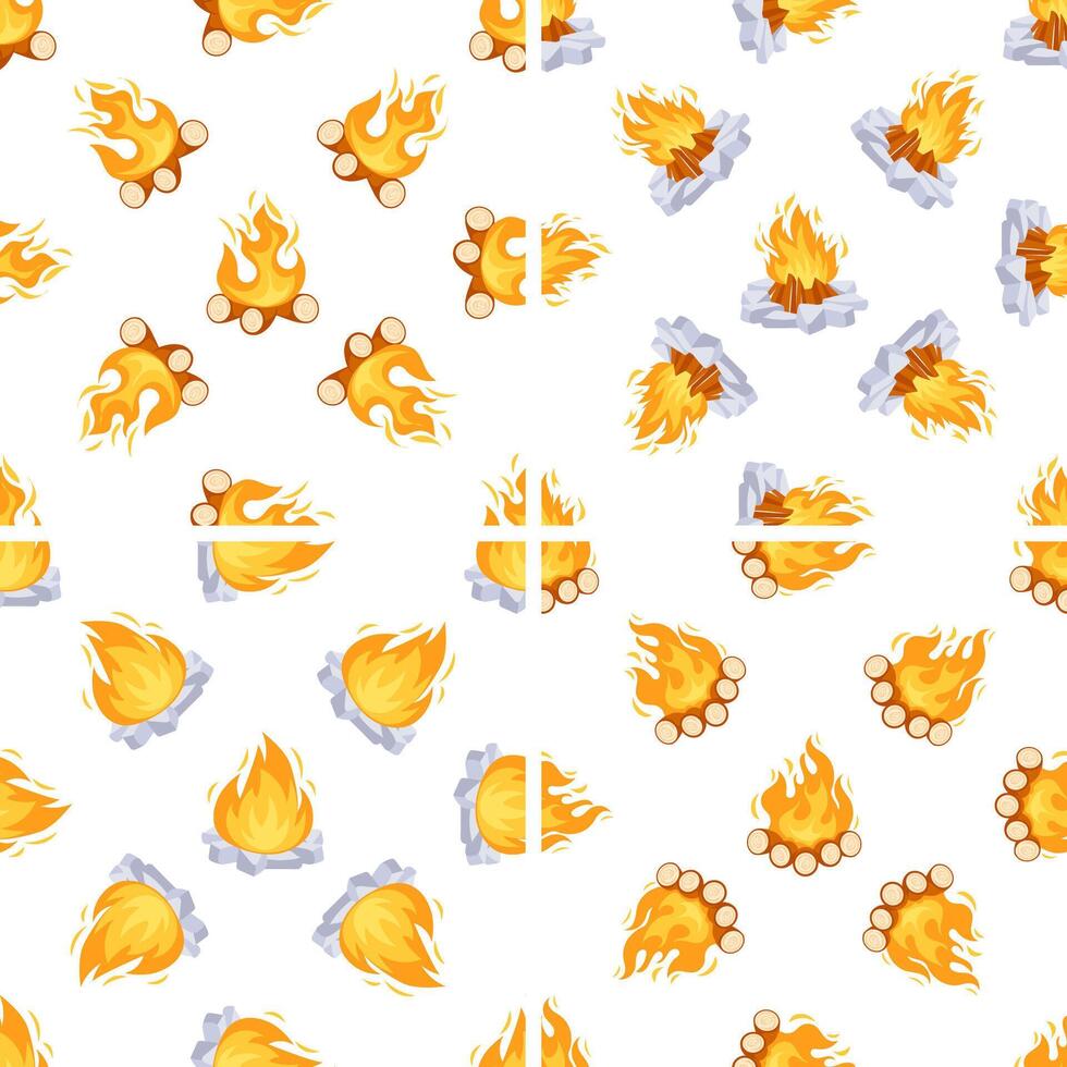 Seamless pattern with burning bonfire made of logs and stones burning bonfire vector