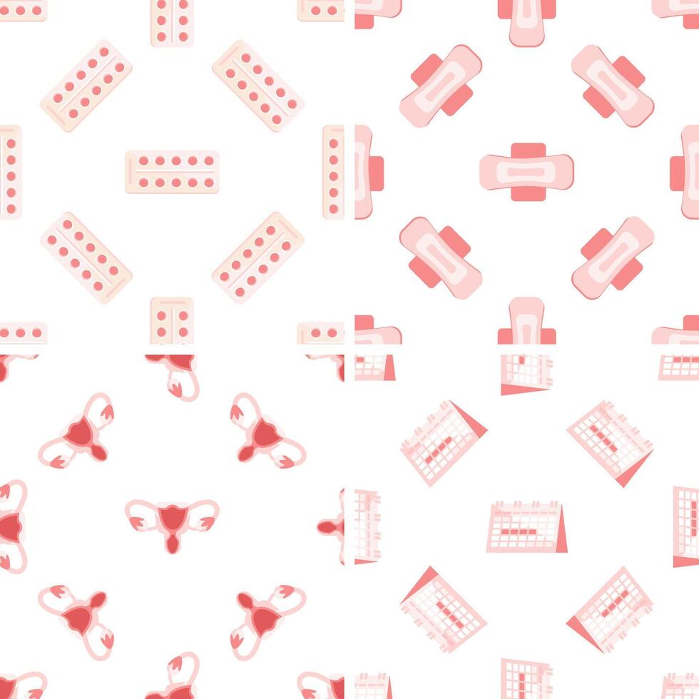 Seamless pattern with calendar, sanitary pads, pills and uterus symbolizing menstruation vector