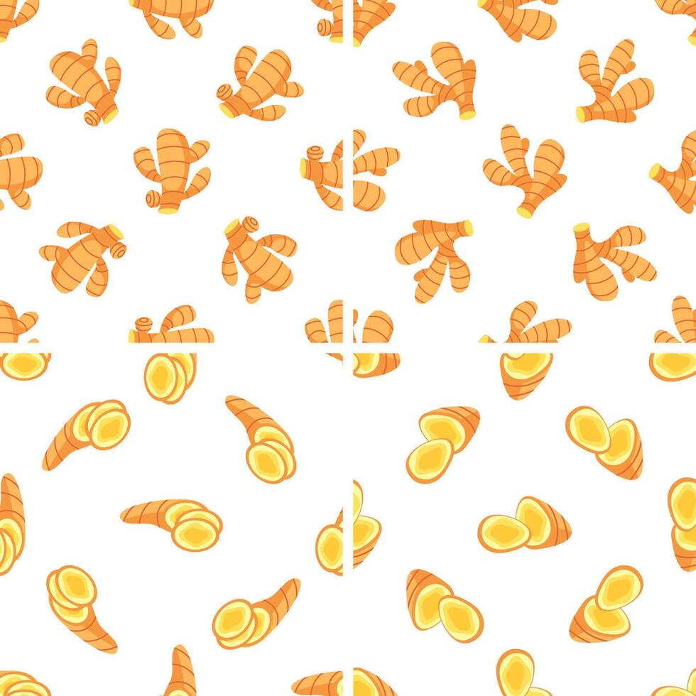Turmeric roots and slices seamless pattern showing healthy spice for cooking and alternative medicine vector