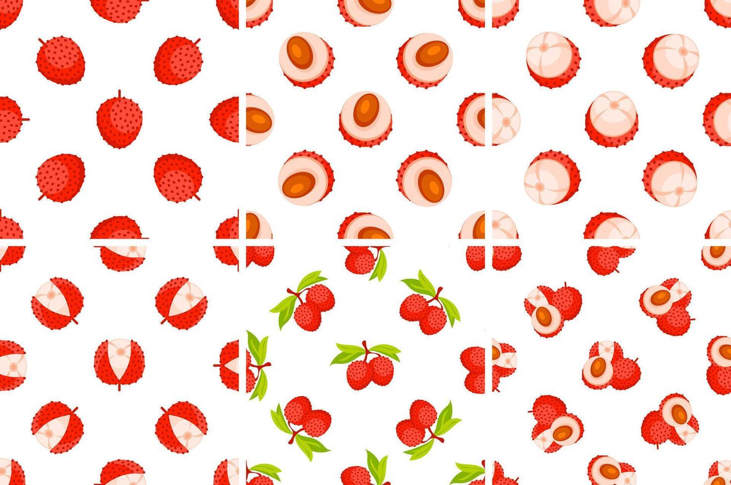 Seamless pattern with lychee fruit and slices showing the pulp and seed on white background vector