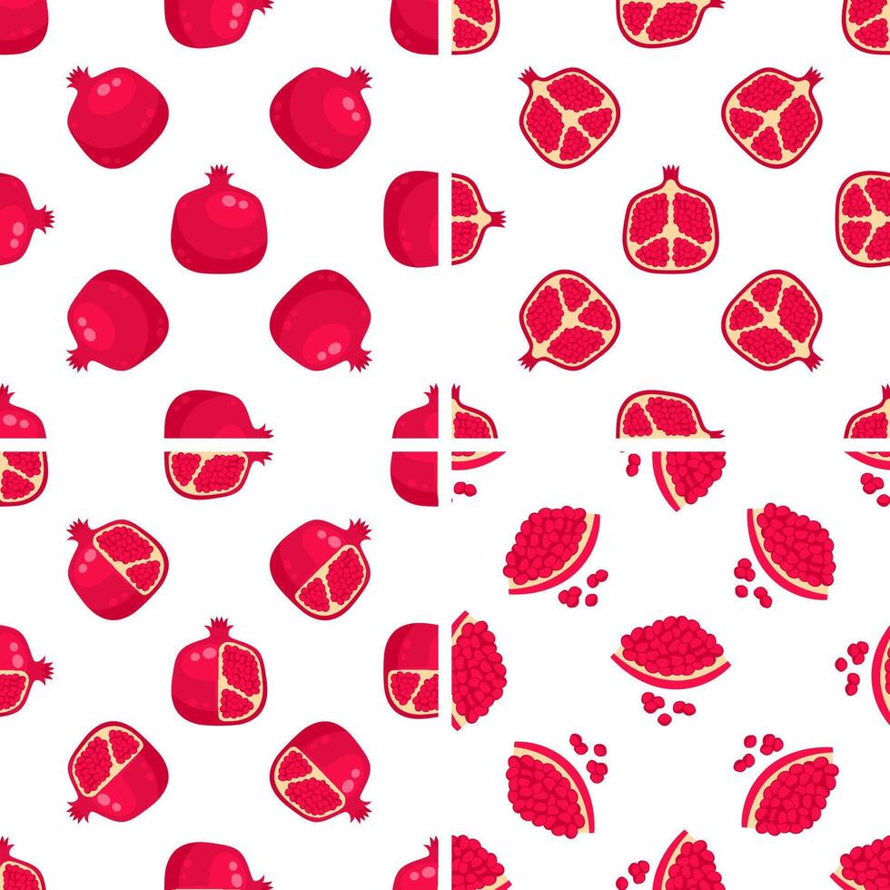 Set of seamless patterns with pomegranates, whole and cut, with seeds vector