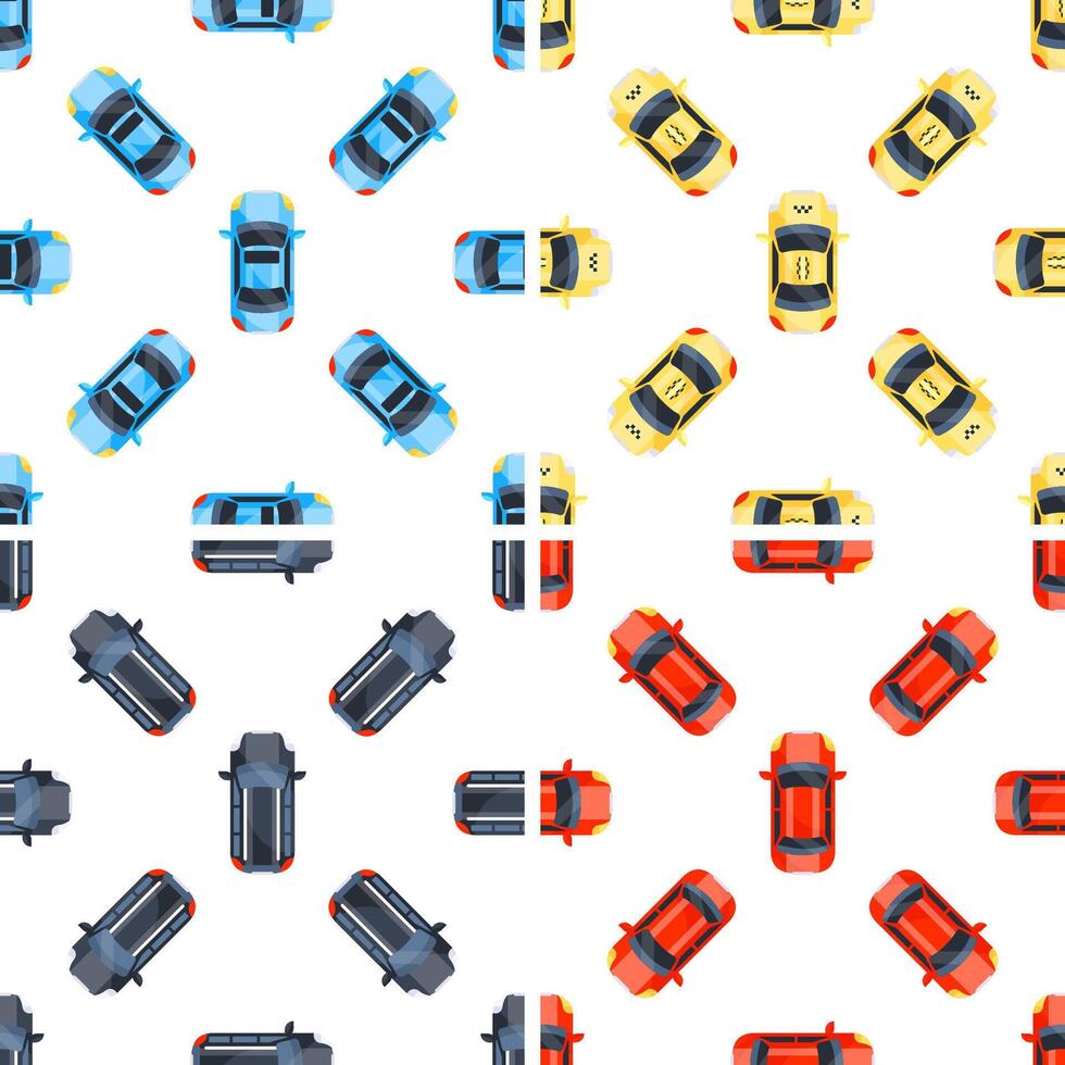 Seamless pattern of colorful taxi, sedan and limousine cars, top view vector