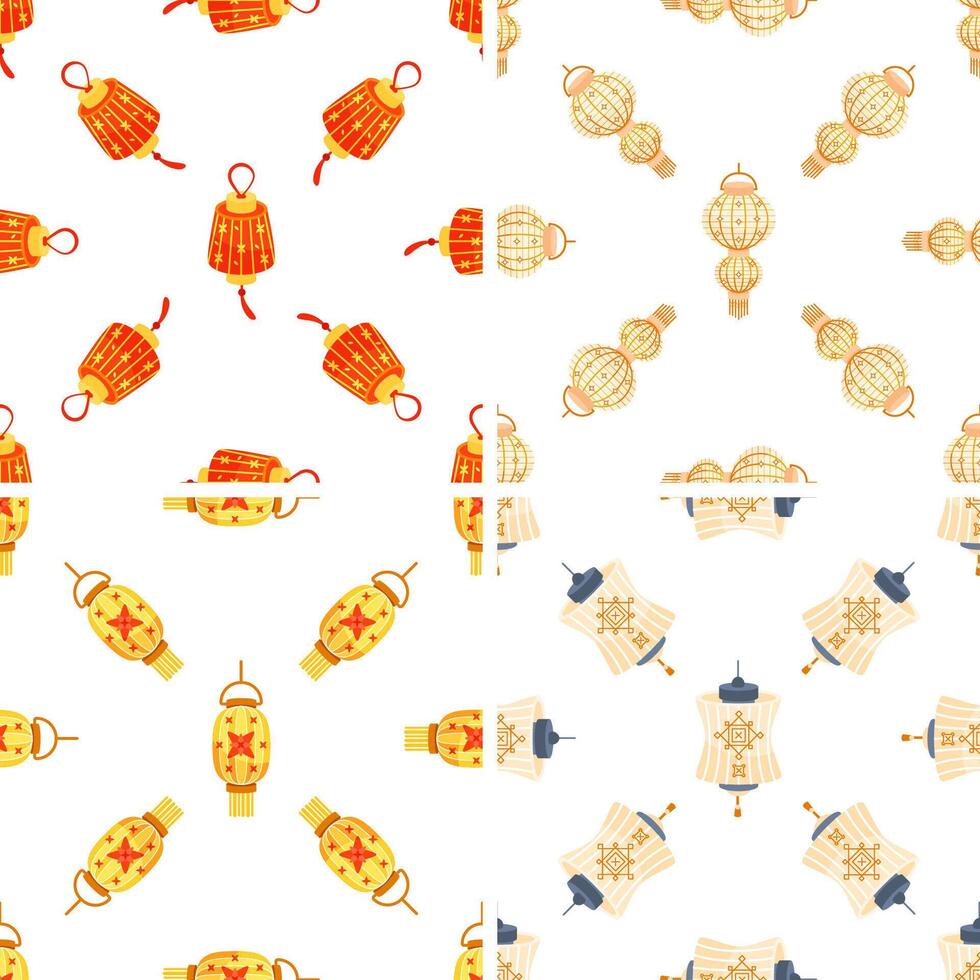Four seamless patterns showing traditional chinese paper lanterns hanging for decoration vector