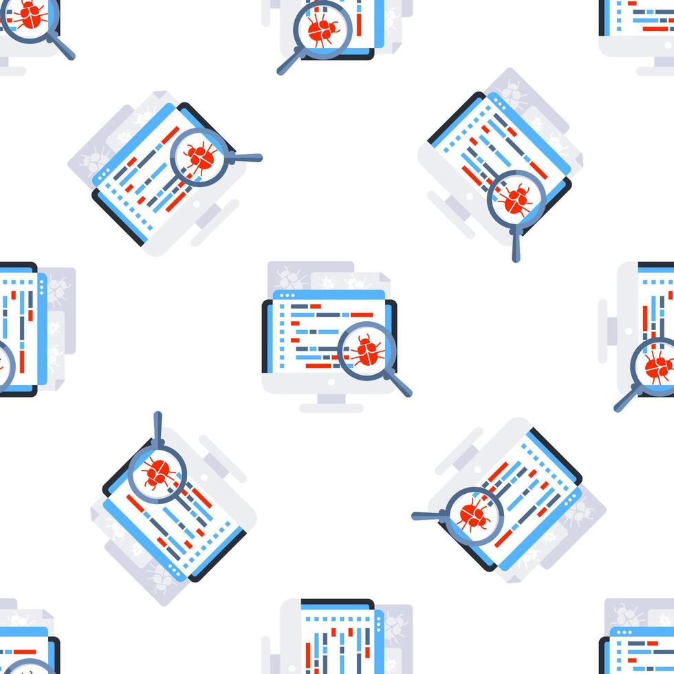 Magnifying glass inspecting computer code for bugs on monitor screen, seamless pattern vector