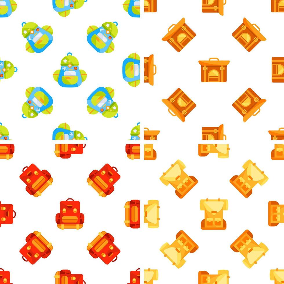 Seamless pattern with colorful backpacks and travel bags for camping and hiking vector
