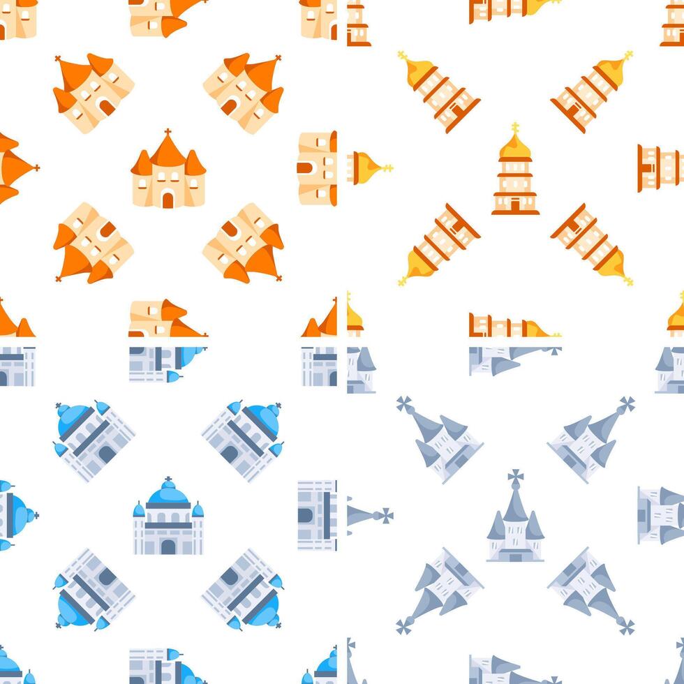 Seamless pattern with colorful churches and cathedrals representing different architectural styles including gothic and orthodox vector