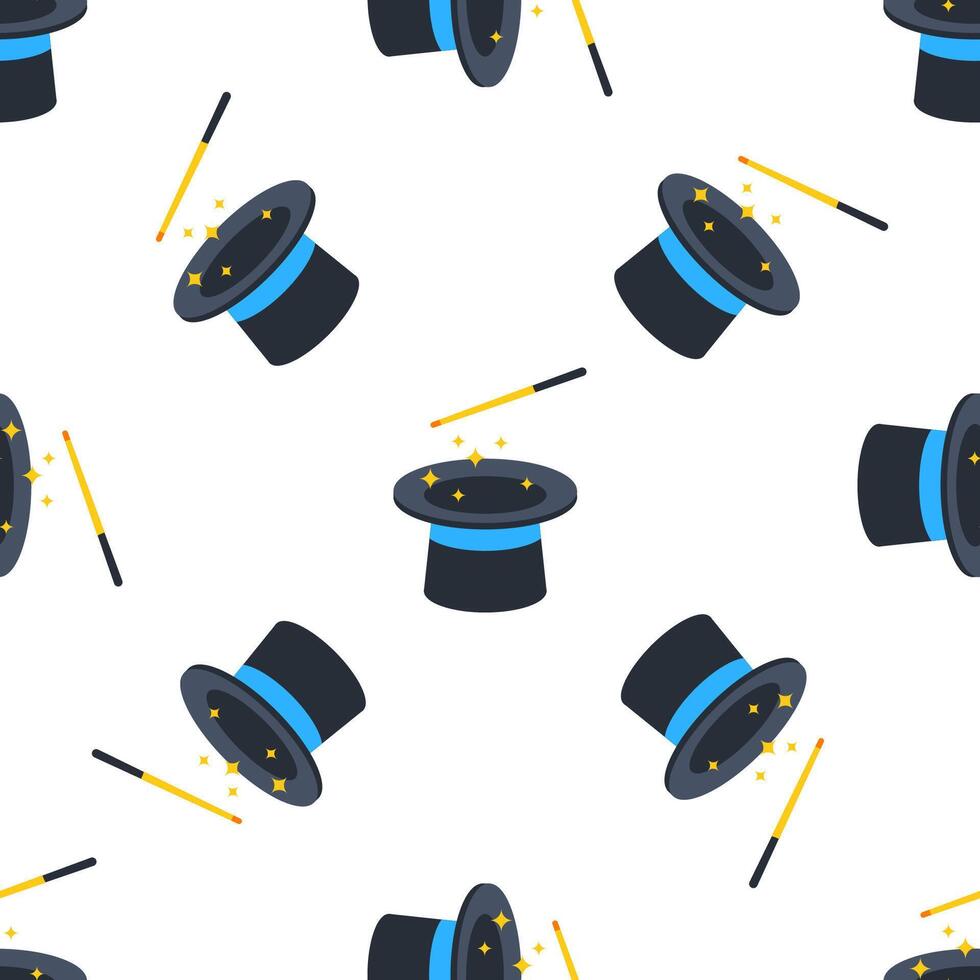 Magic wand making sparks over magician top hat seamless pattern vector