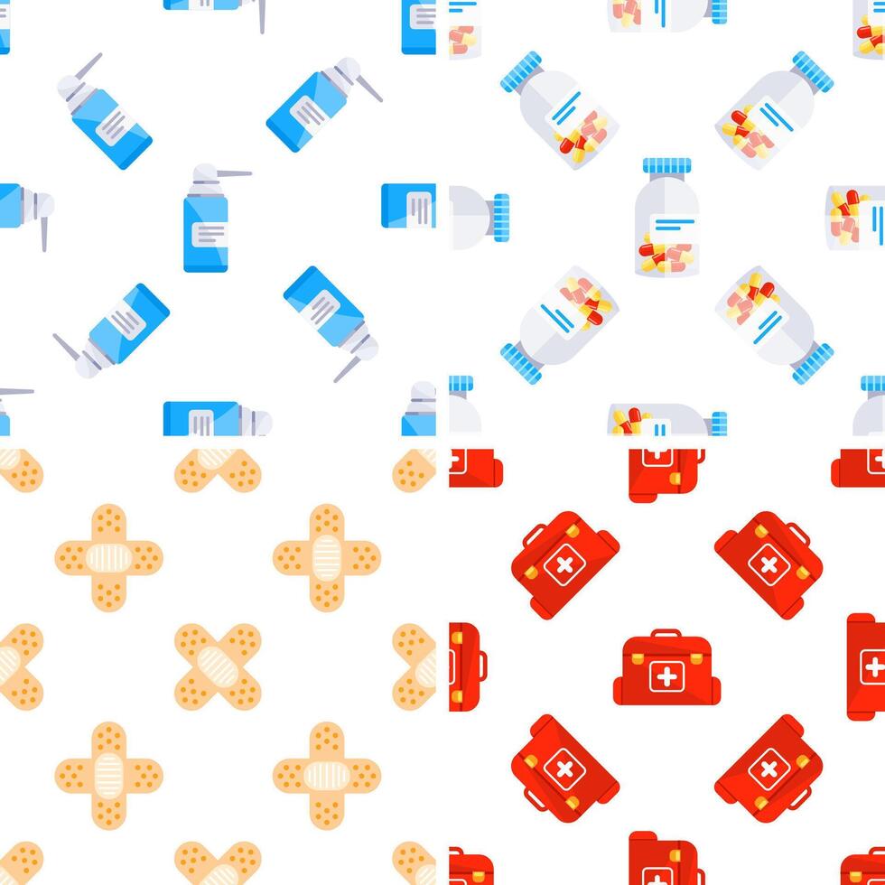 Seamless pattern with medical supplies showing nasal spray, pills, band aids and first aid kit vector