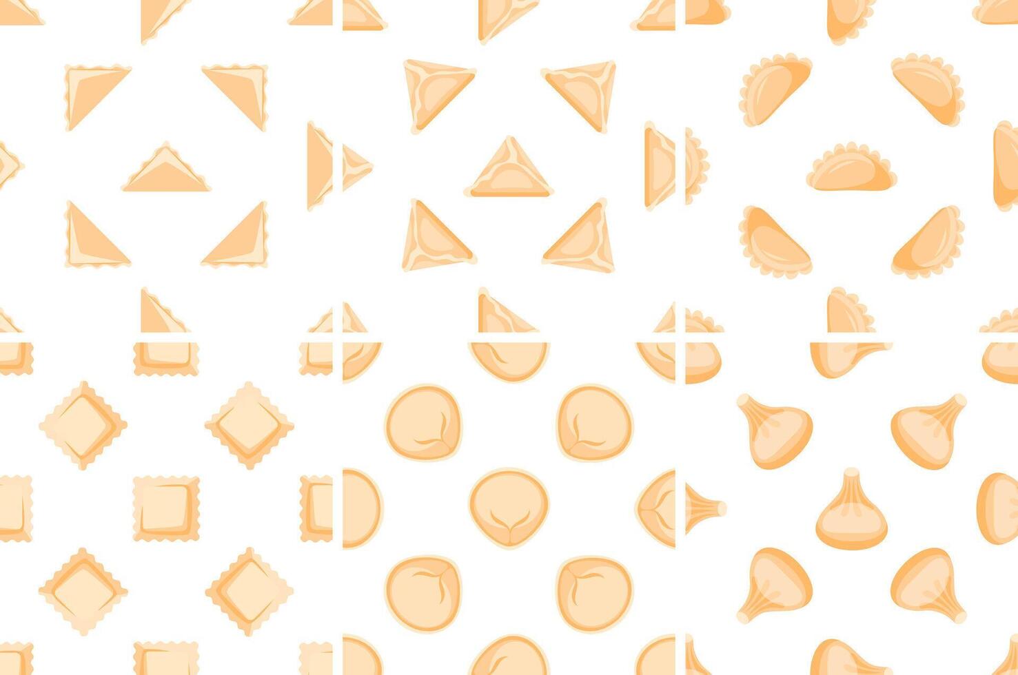 Seamless pattern showing different types of filled pasta including ravioli, tortellini, and dumplings on white background vector