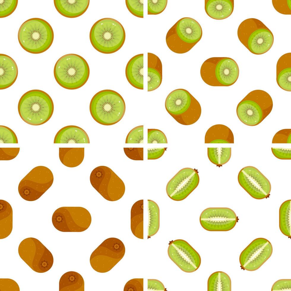Seamless kiwi pattern showing whole, sliced and halved kiwis on white background vector