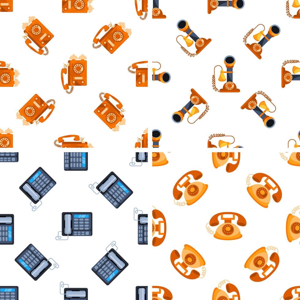 Seamless pattern showcasing various communication devices including vintage telephones and modern office phones vector