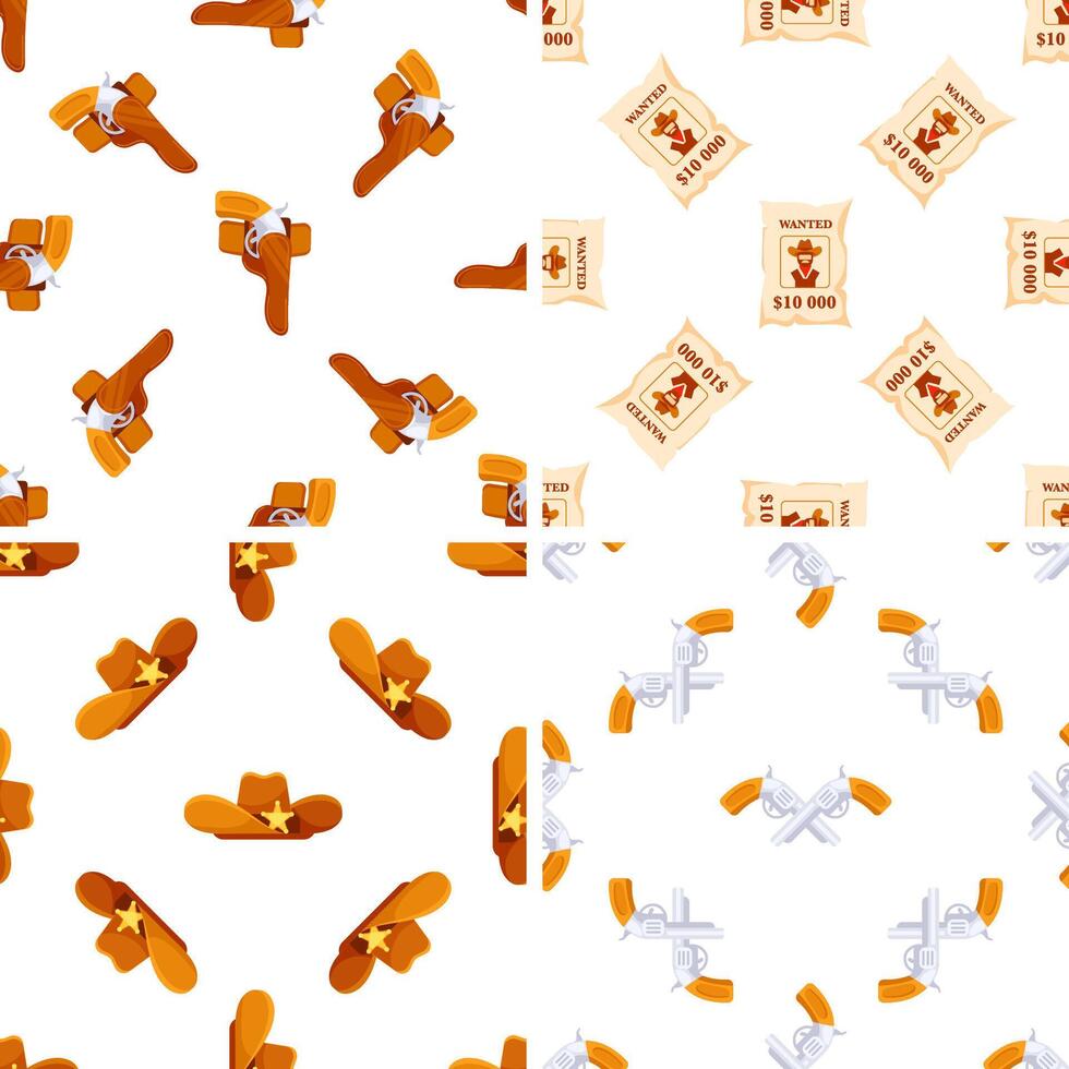 Seamless patterns with cowboy accessories such as guns, hats and wanted posters vector