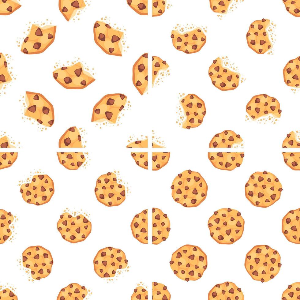 Seamless pattern with chocolate chip cookies, whole, bitten and broken cookies on white background vector