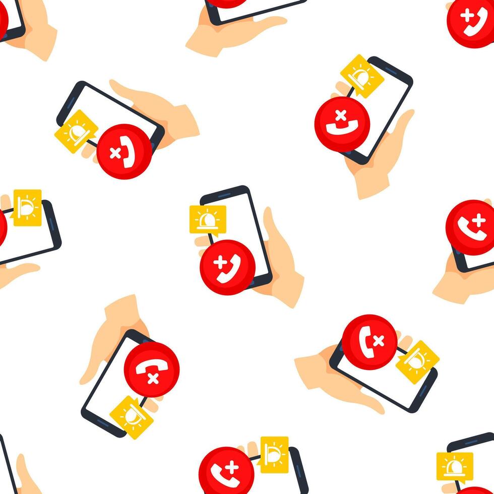 Hand Holding Smartphone Showing Emergency Call and Alarm Notification Seamless Pattern vector