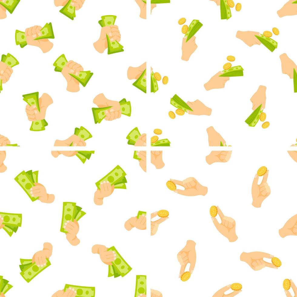 Hands holding and dropping money and coins seamless pattern vector