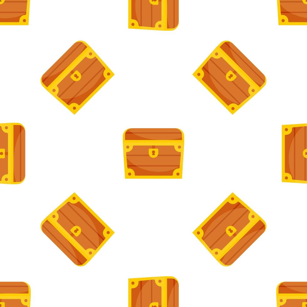Seamless pattern with closed wooden treasure chests with golden details, isolated on white background vector