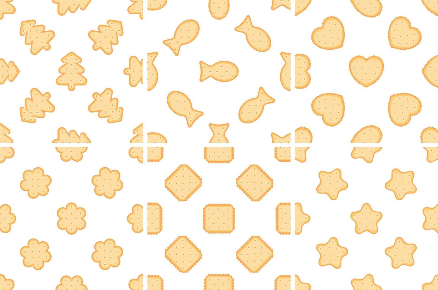 Delicious crackers forming various seamless patterns on white background vector