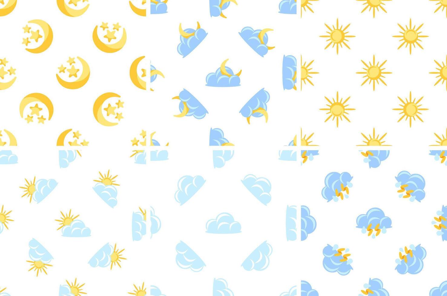 Seamless patterns representing day, night, clouds, sun and thunder vector