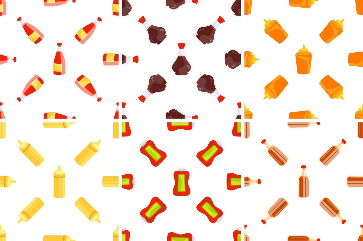 Seamless pattern with bottles and containers of ketchup, mustard and soy sauce rotating on white background vector