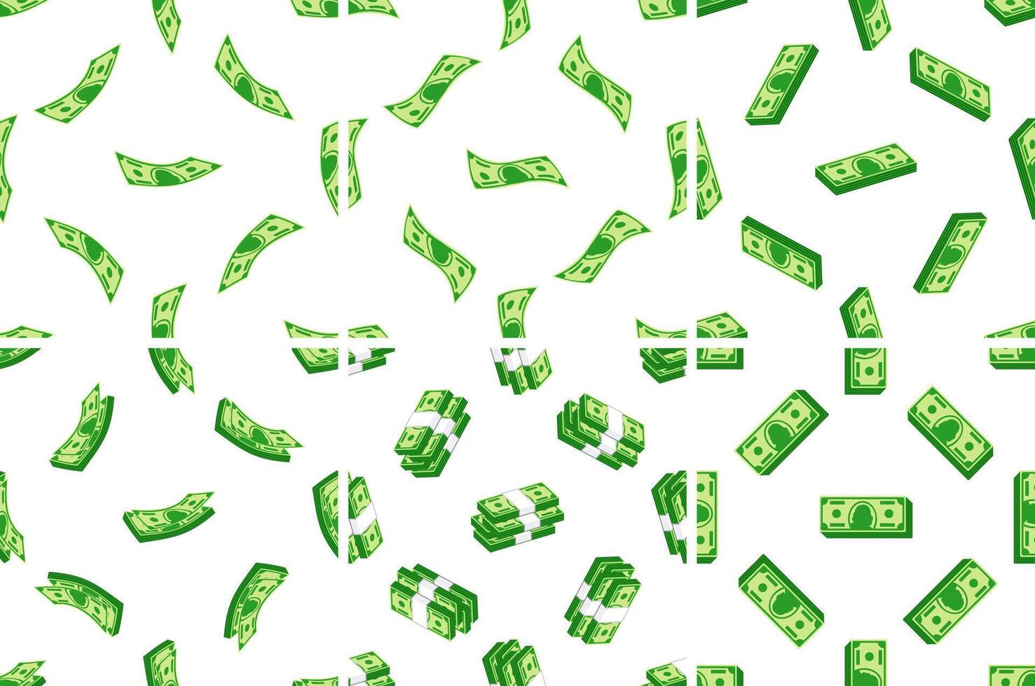 Seamless pattern with falling dollar banknotes and stacks of money on white background vector