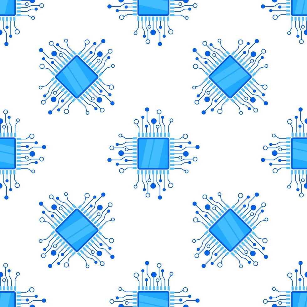 Seamless pattern of blue computer microchips connecting on white background vector