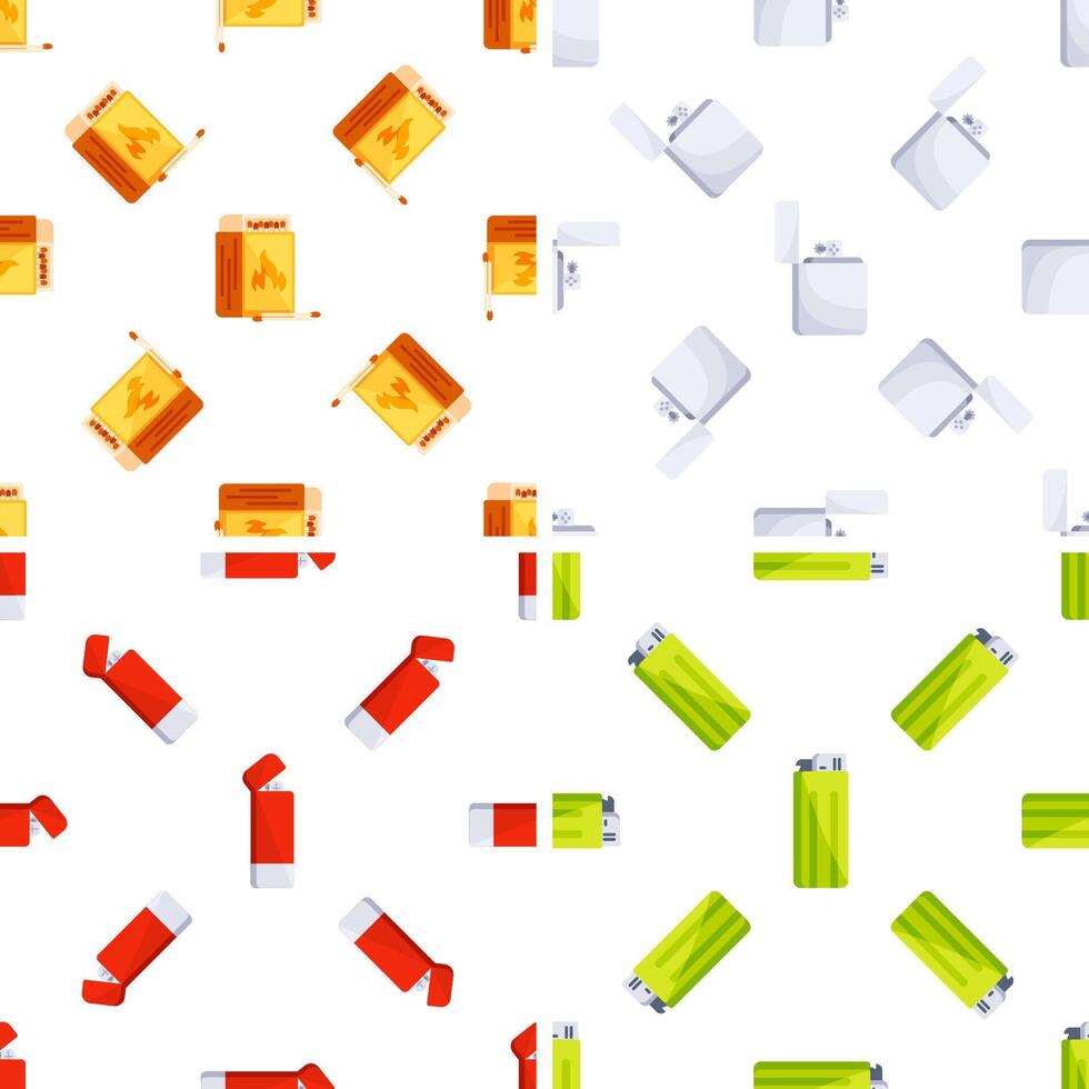 Seamless pattern with colorful lighters and matchboxes representing fire starting tools vector