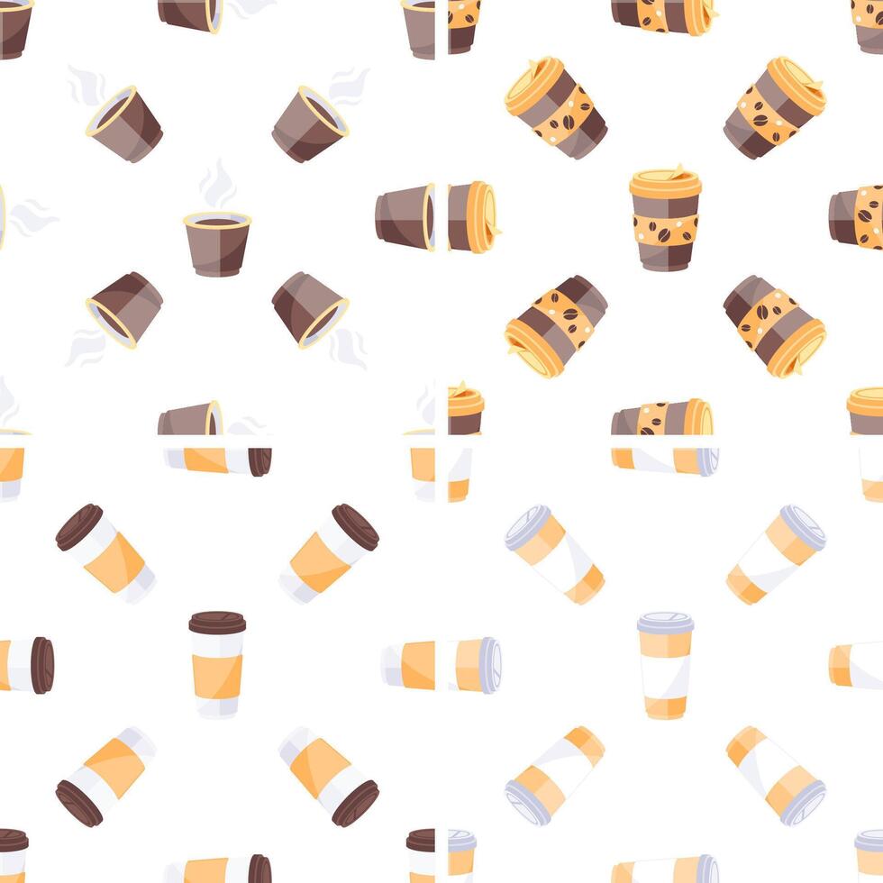 Seamless pattern with disposable coffee cups showing different angles and perspectives vector